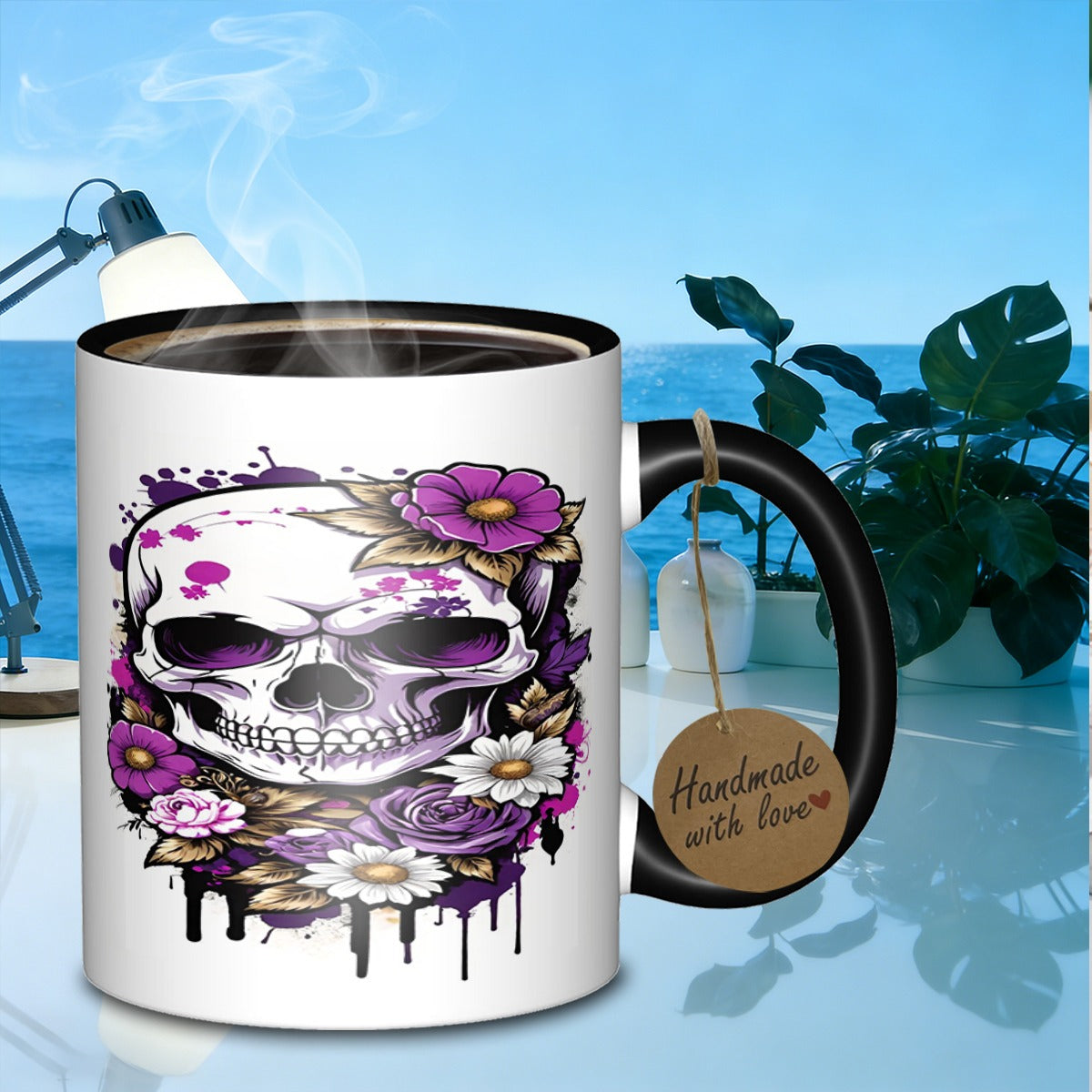 Tailorly Black Accent 11 oz Mug - skull floral arrangement galaxy