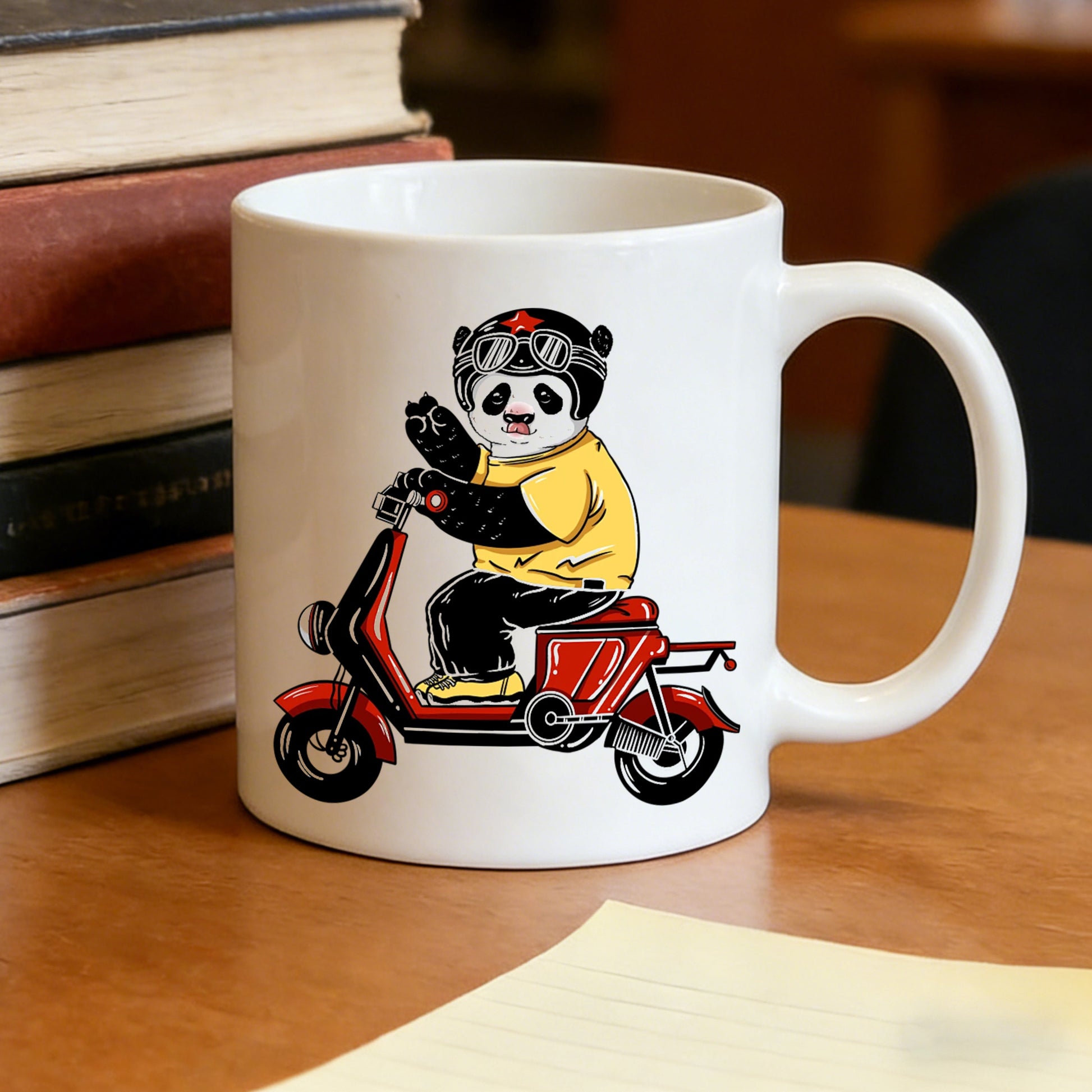 Tailorly White Ceramic 11 oz Mug - biker panda on scooter
