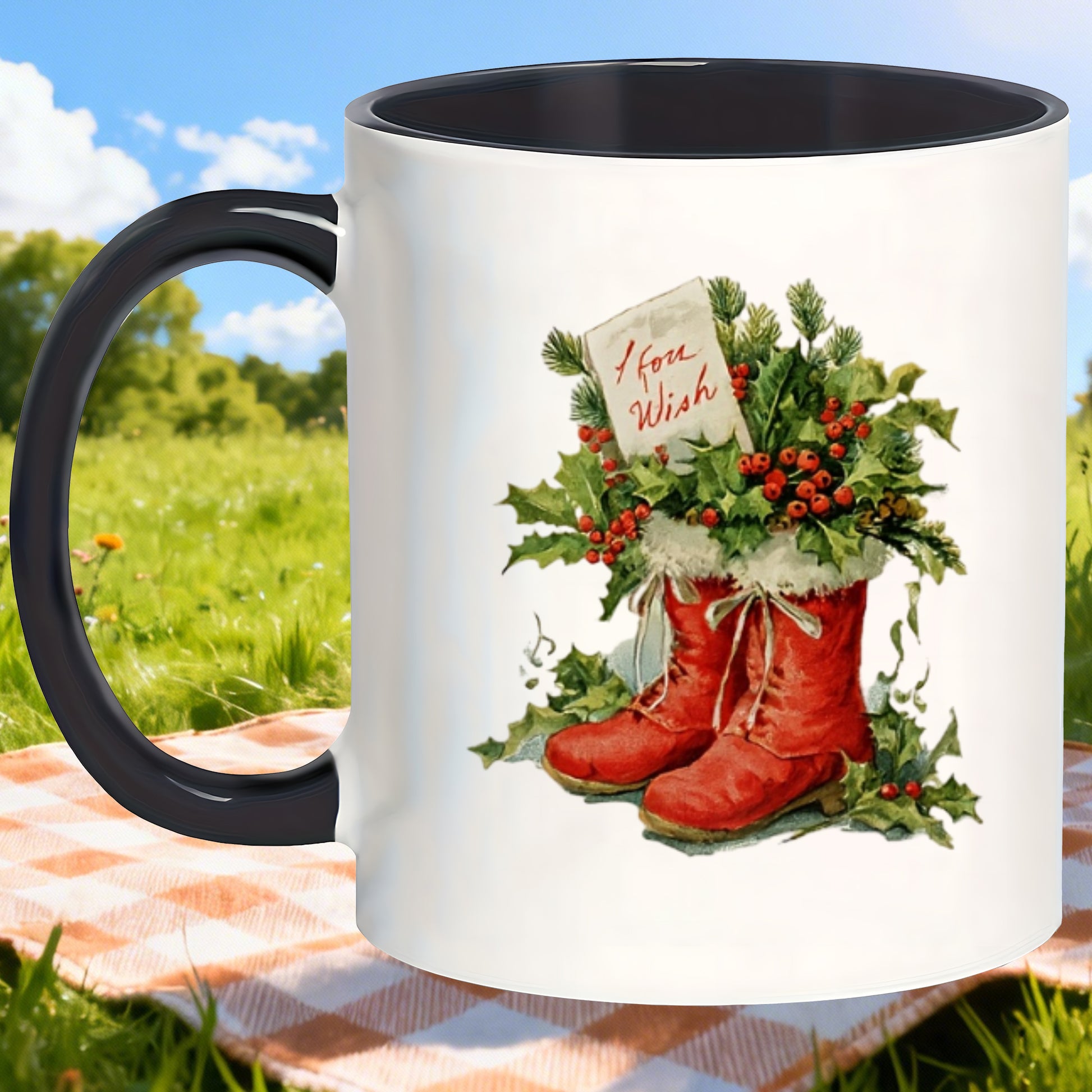 Tailorly Black Accent 11 oz Mug - red wreath cursive lettering Christmas decorations