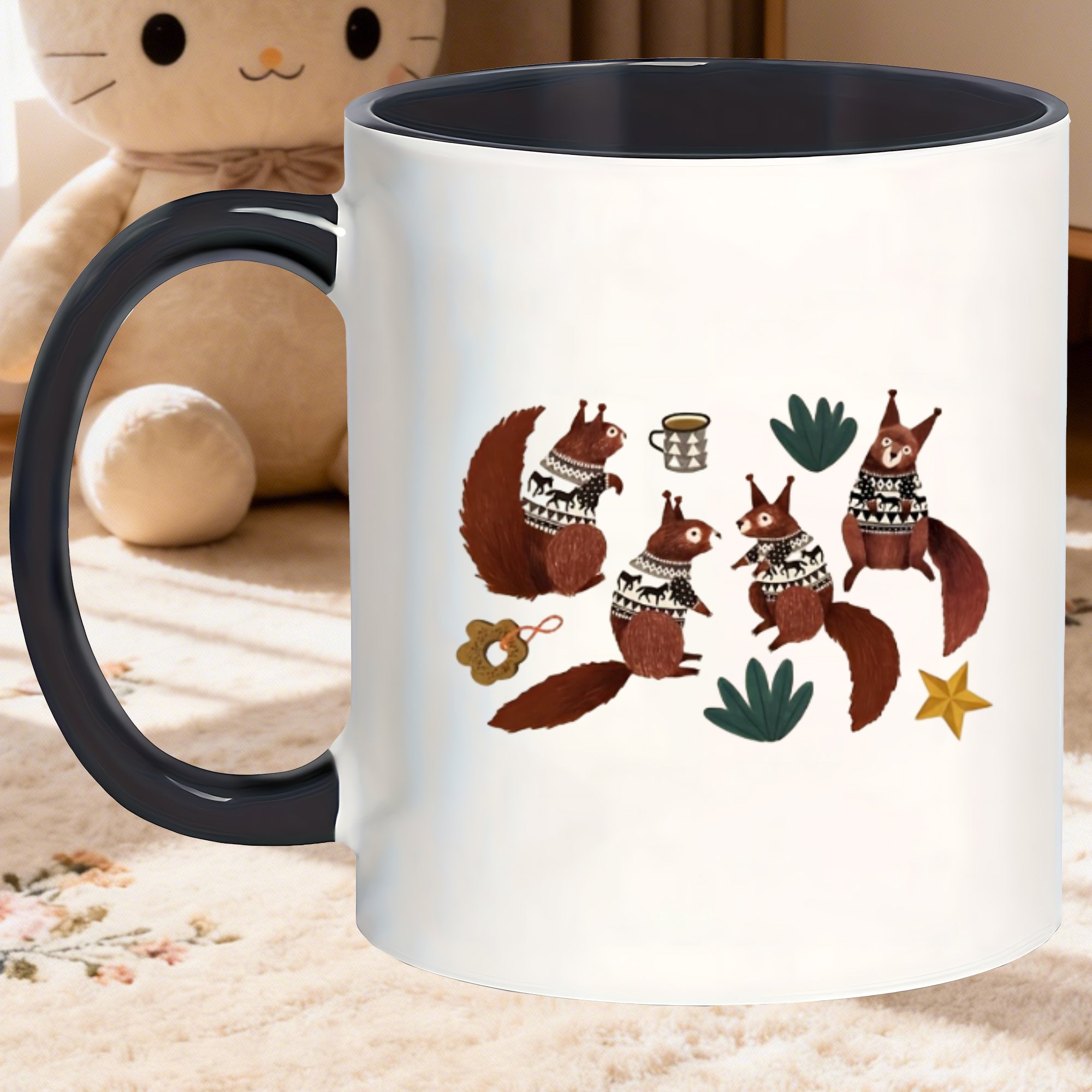 Tailorly Black Accent 11 oz Mug - squirrels and leaves