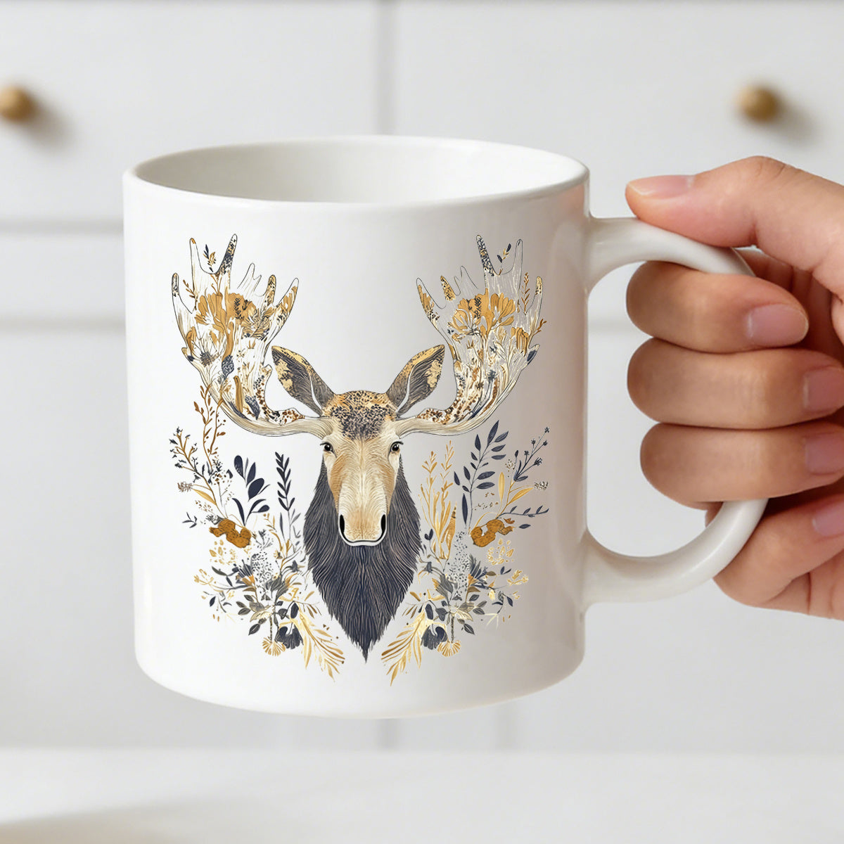 Tailorly White Ceramic 11 oz Mug - botanical moose antler