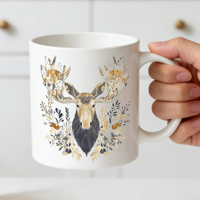 Tailorly White Ceramic 11 oz Mug - botanical moose antler