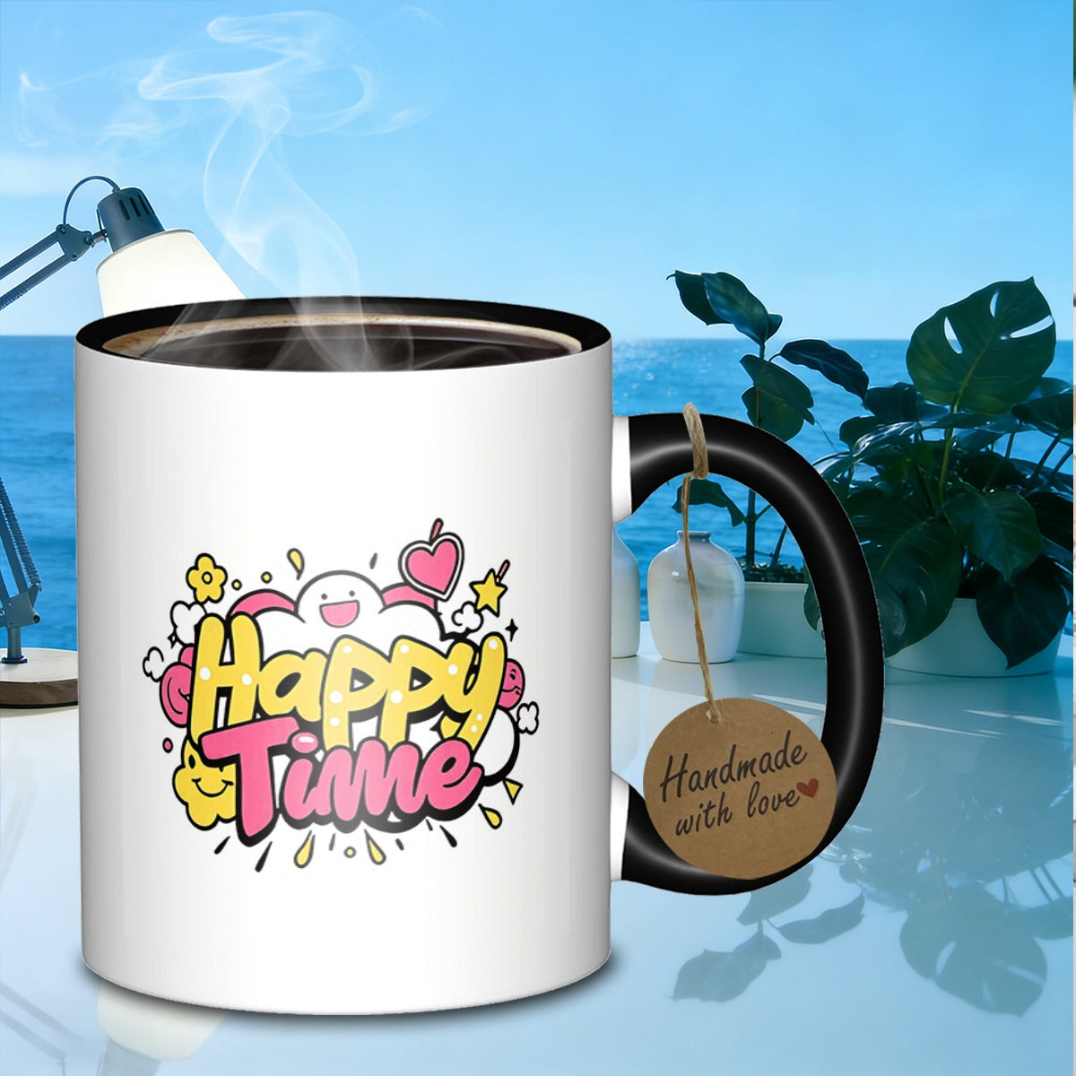 Tailorly Black Accent 11 oz Mug - lettering design flower pattern round shape