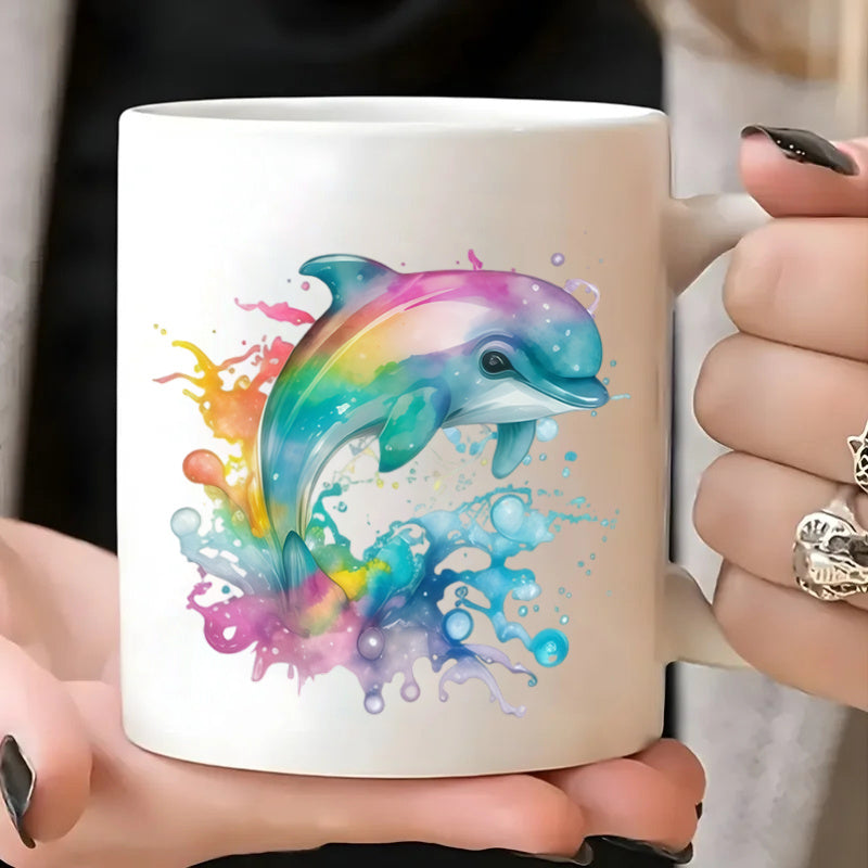Tailorly White Ceramic 11 oz Mug - watercolor rainbow dolphin