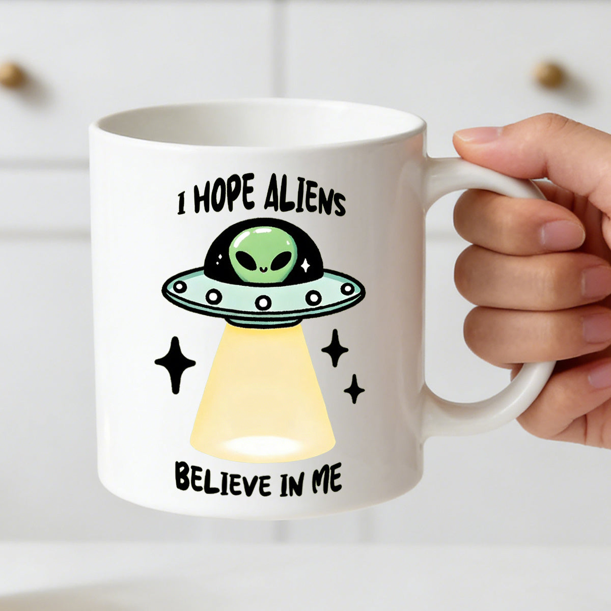 Tailorly White Ceramic 11 oz Mug - cute ufo with i s text