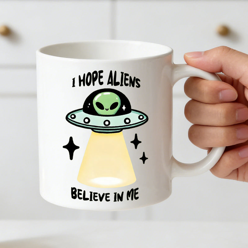 Tailorly White Ceramic 11 oz Mug - cute ufo with i s text
