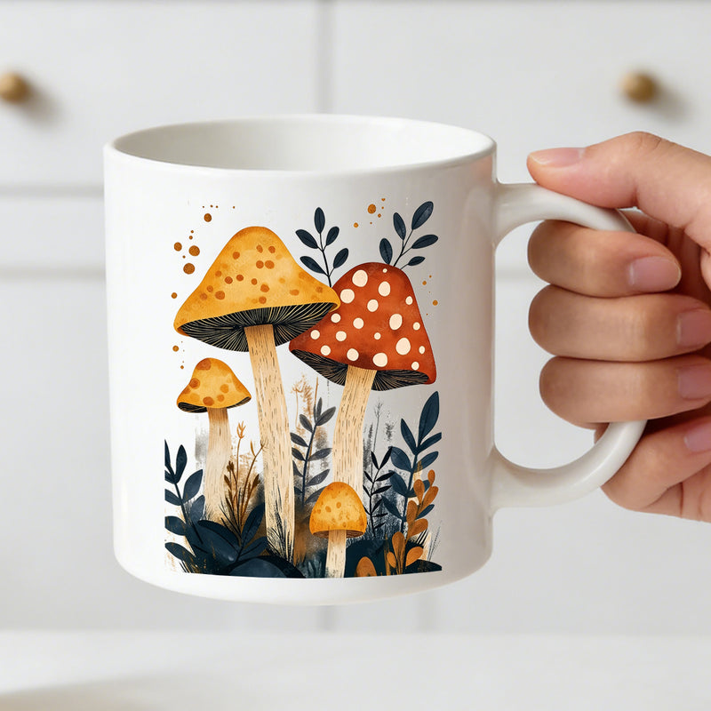 Tailorly White Ceramic 11 oz Mug - vintage mushroom forest