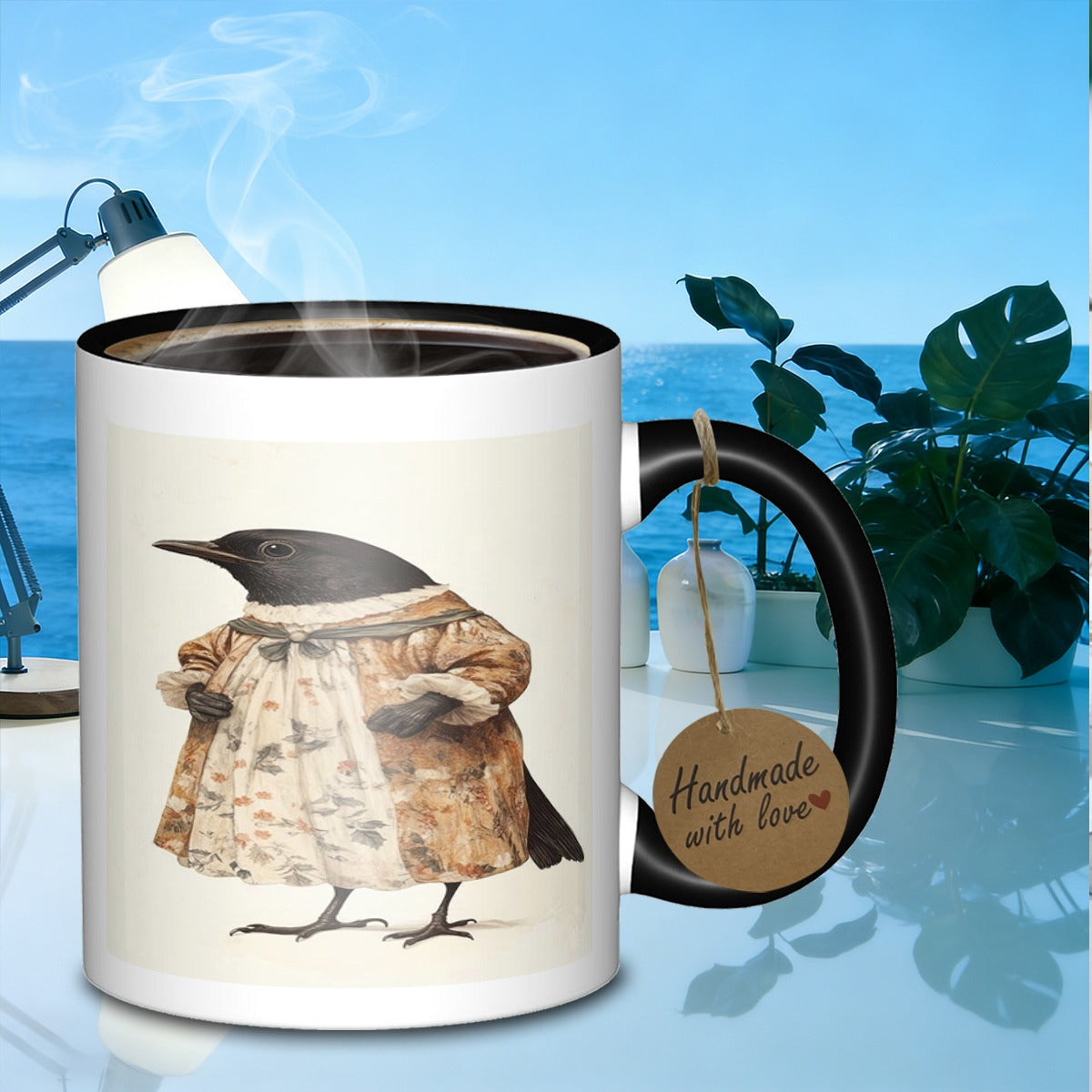 Tailorly Black Accent 11 oz Mug - bird in period dress glass with text "beginners mug"
