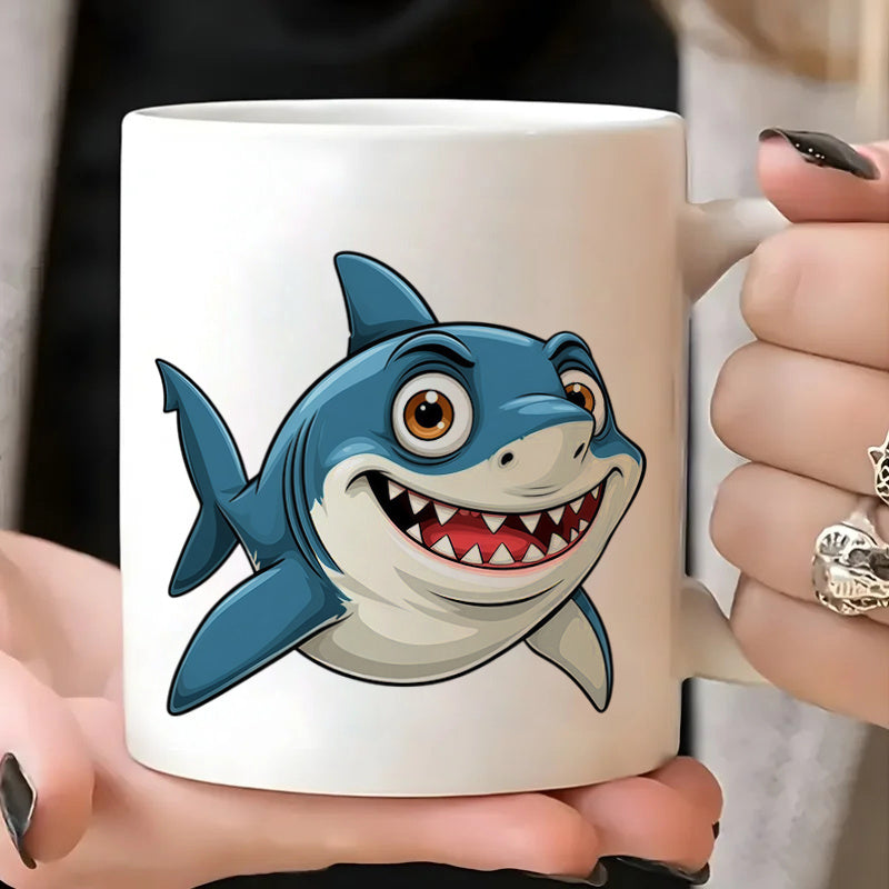 Tailorly White Ceramic 11 oz Mug - cute friendly smiling cartoon illustration design blue white fun ocean animal theme