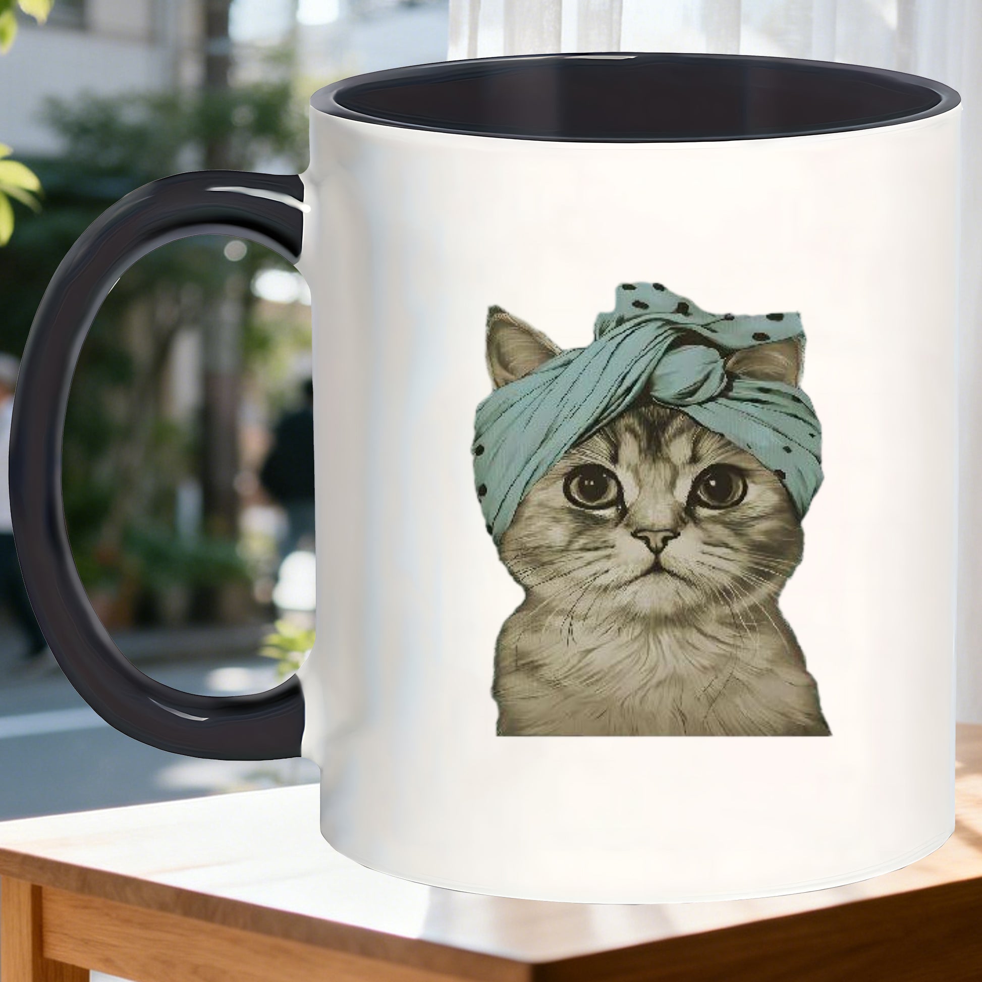 Tailorly Black Accent 11 oz Mug - cat wearing a headscarf