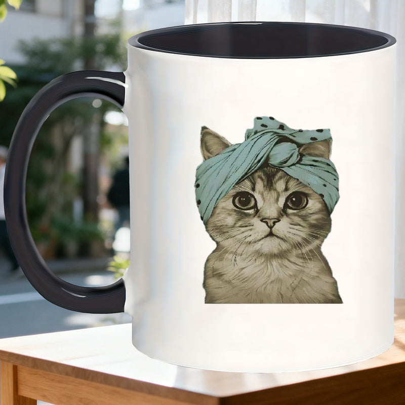 Tailorly Black Accent 11 oz Mug - cat wearing a headscarf