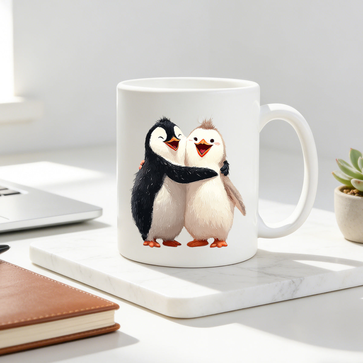 Tailorly White Ceramic 11 oz Mug - hugging penguins cartoon penguin couple romantic