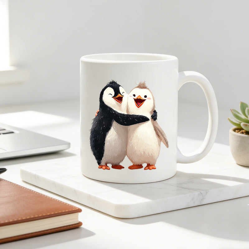Tailorly White Ceramic 11 oz Mug - hugging penguins cartoon penguin couple romantic