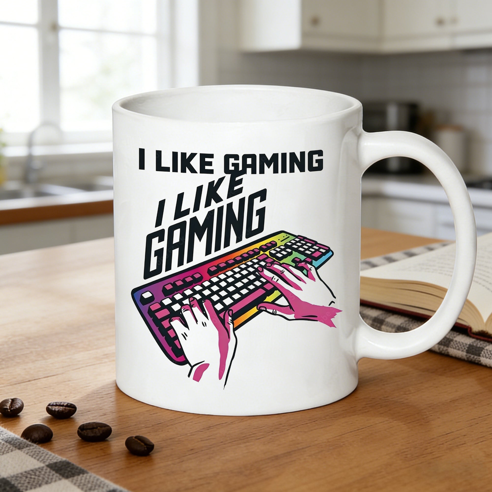 Tailorly White Ceramic 11 oz Mug - i like gaming rainbow rgb keyboard gamer gift gaming room decor
