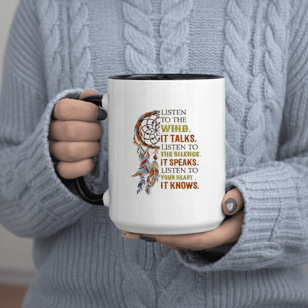 Tailorly Black Accent 11 oz Mug - Text: "Listen to the Wind It. Listen to It Speaks. It."