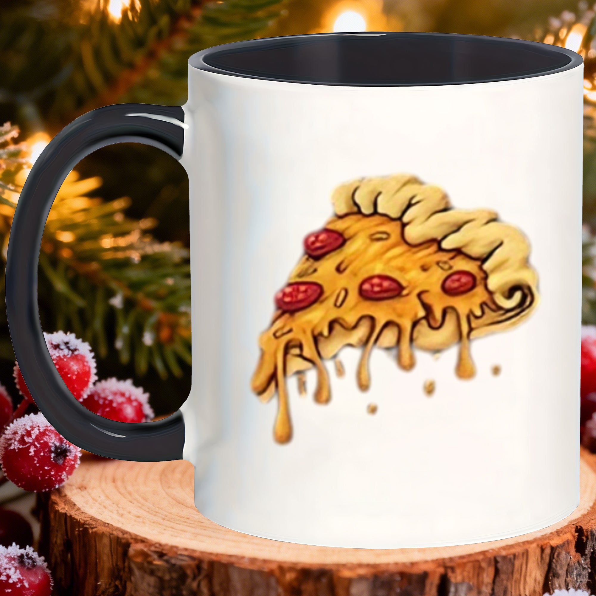 Tailorly Black Accent 11 oz Mug - coffee mug with pizza illustration