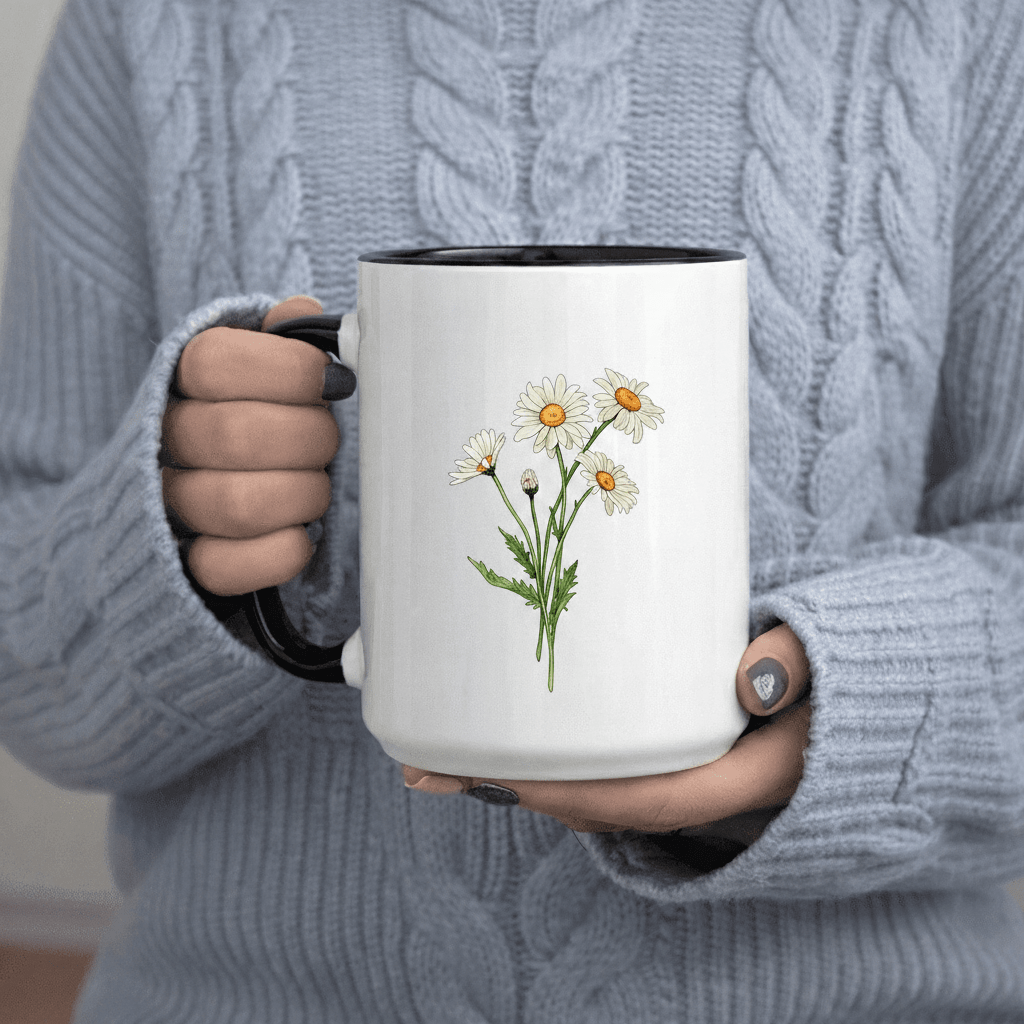 Tailorly Black Accent 11 oz Mug - Delicate Daisy Bouquet Botanical Illustration