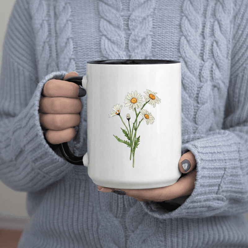 Tailorly Black Accent 11 oz Mug - Delicate Daisy Bouquet Botanical Illustration