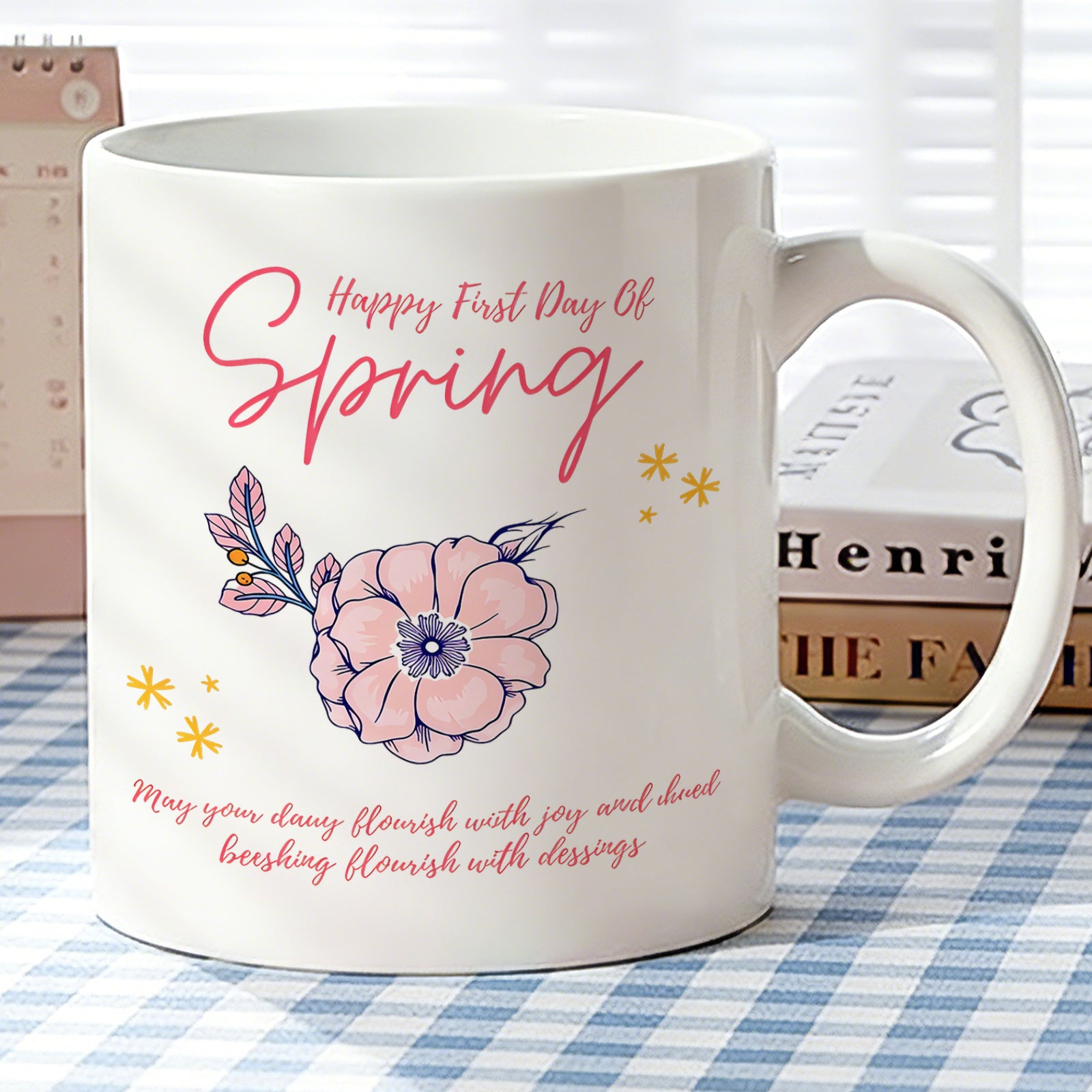 Tailorly White Ceramic 11 oz Mug - a spring themed design and happy first day of spring text