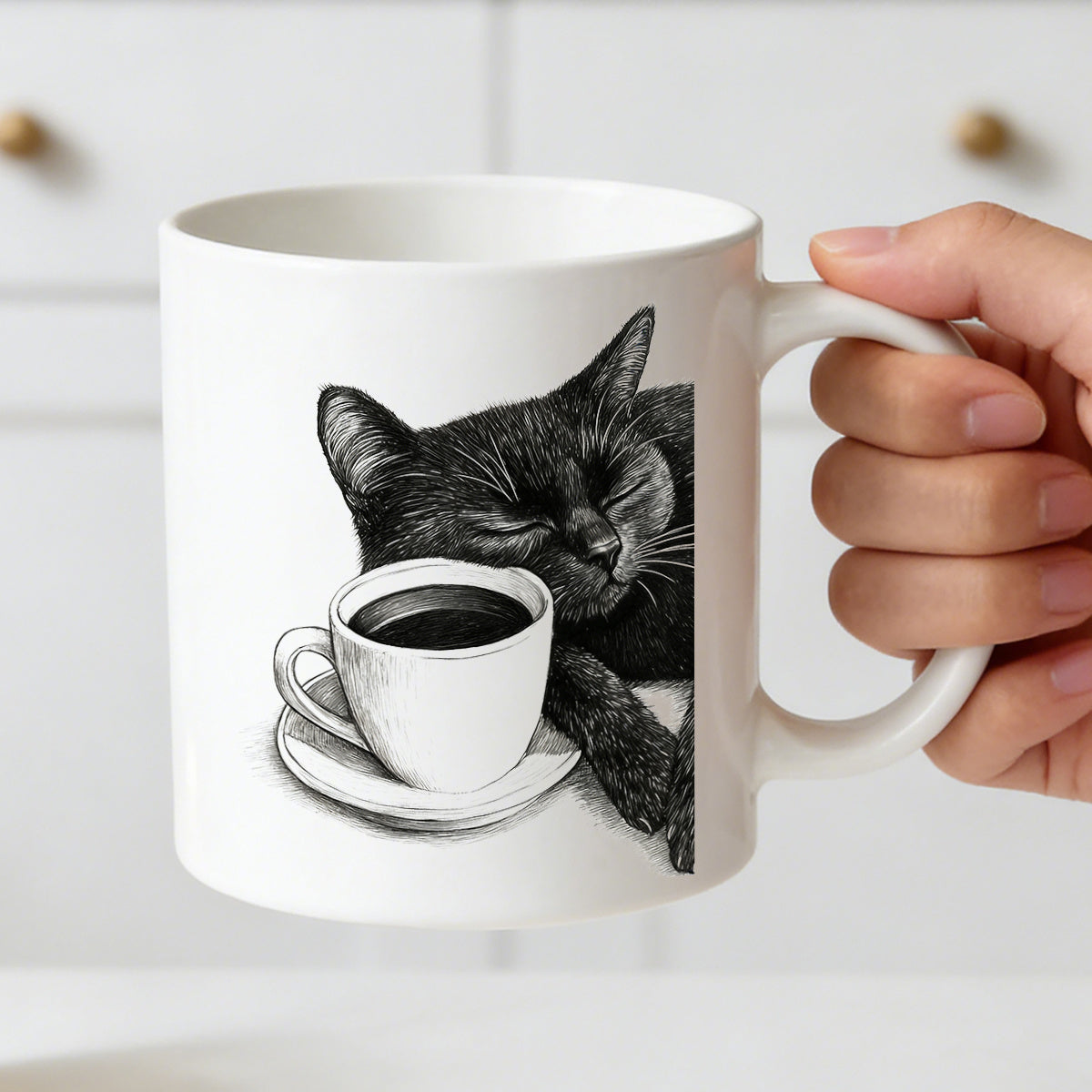 Tailorly White Ceramic 11 oz Mug - sleeping black cat