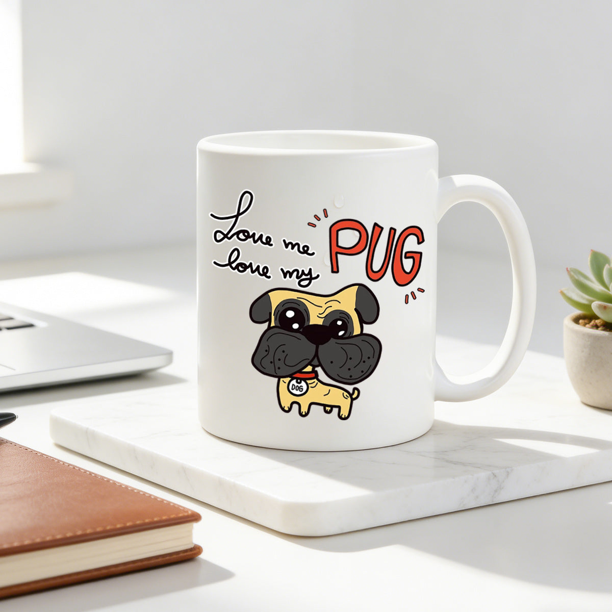 Tailorly White Ceramic 11 oz Mug - cute pug cartoon dog