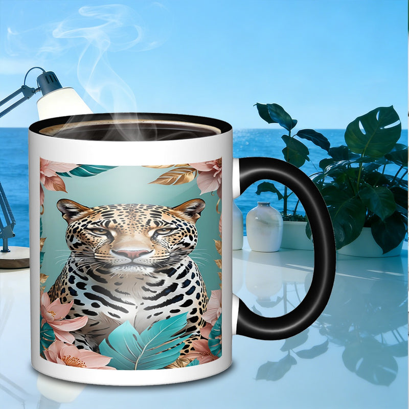 Tailorly Black Accent 11 oz Mug - leopard and floral frame