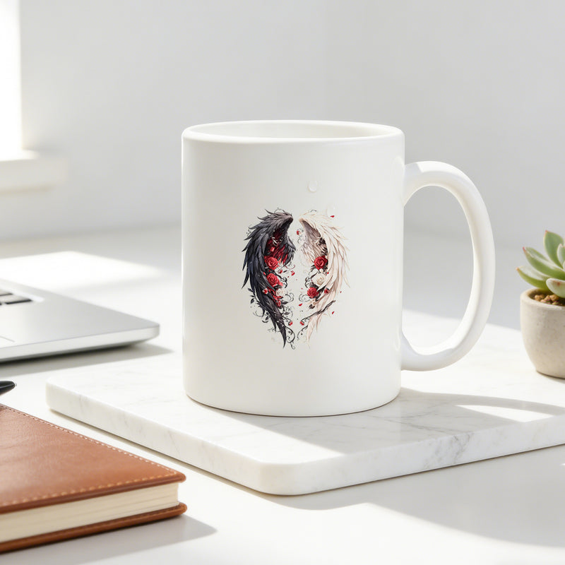 Tailorly White Ceramic 11 oz Mug - black and white angel with roses