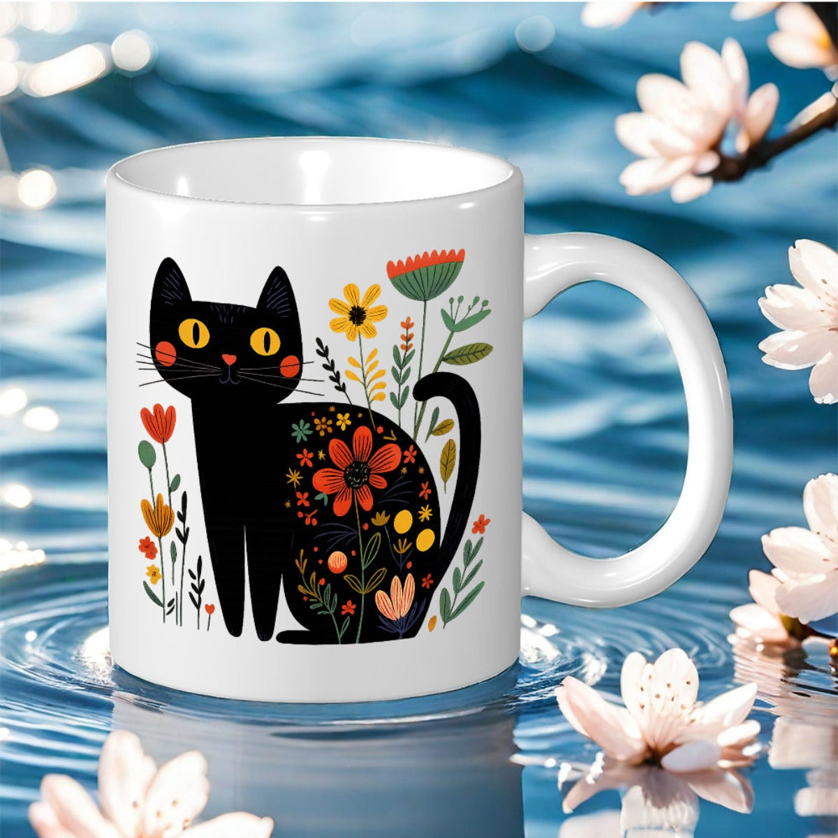 Tailorly White Ceramic 11 oz Mug - black cat and floral pattern with bright autumn colors