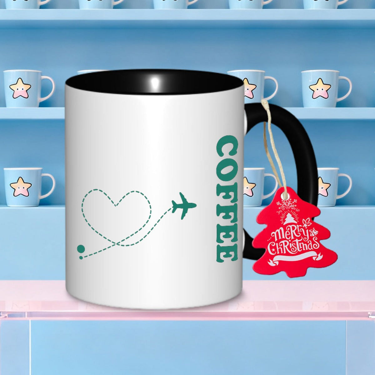 Tailorly Black Accent 11 oz Mug - airplane and heart pattern