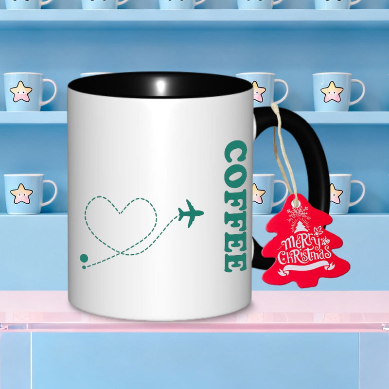 Tailorly Black Accent 11 oz Mug - airplane and heart pattern