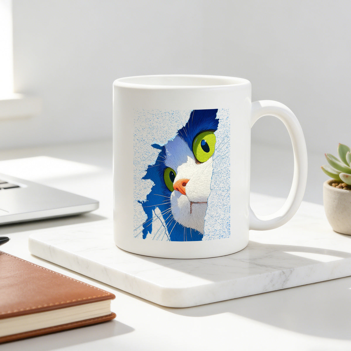 Tailorly White Ceramic 11 oz Mug - blue and white cat
