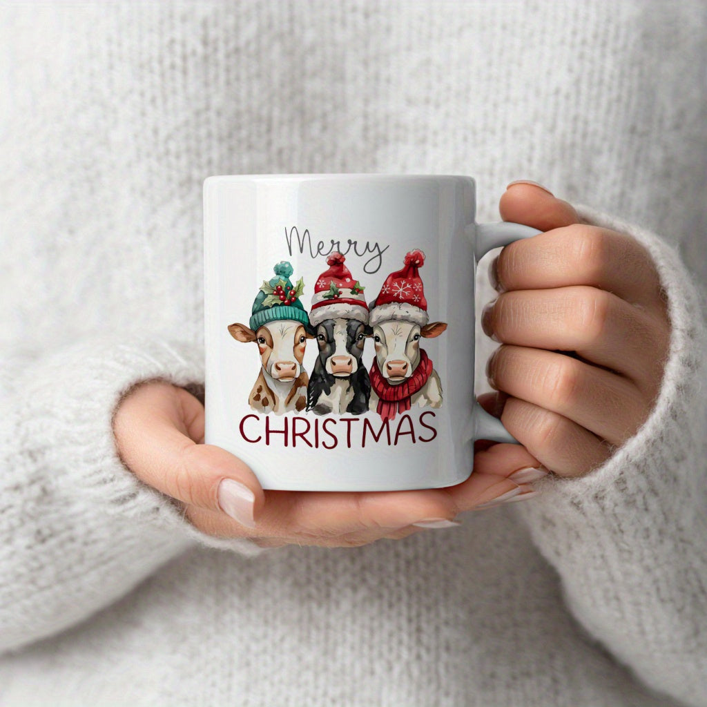 Tailorly White Ceramic 11 oz Mug - merry christmas cows hat