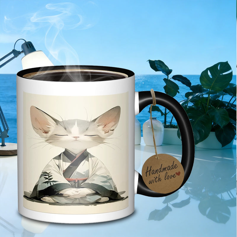Tailorly Black Accent 11 oz Mug - meditating feline figure
