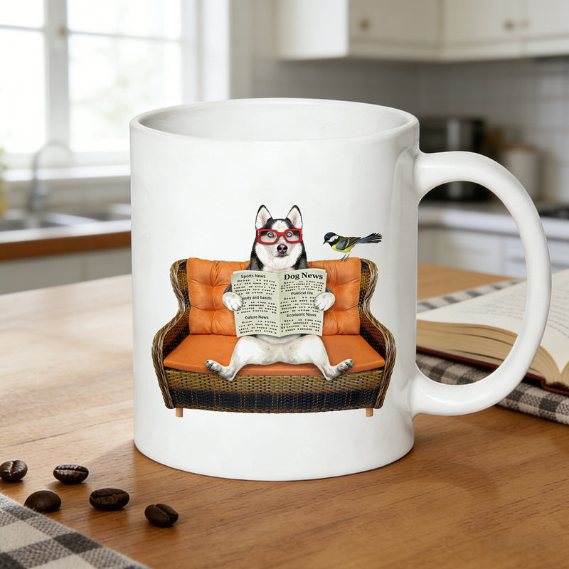 Tailorly White Ceramic 11 oz Mug - dog， newspaper