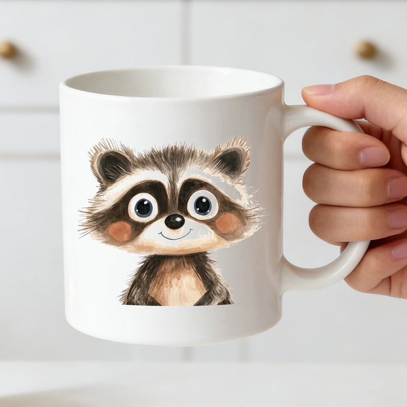 Tailorly White Ceramic 11 oz Mug - cute raccoon mug with watercolor big eyes tea cup suitable for hand wash only gift for christmas valentine day for