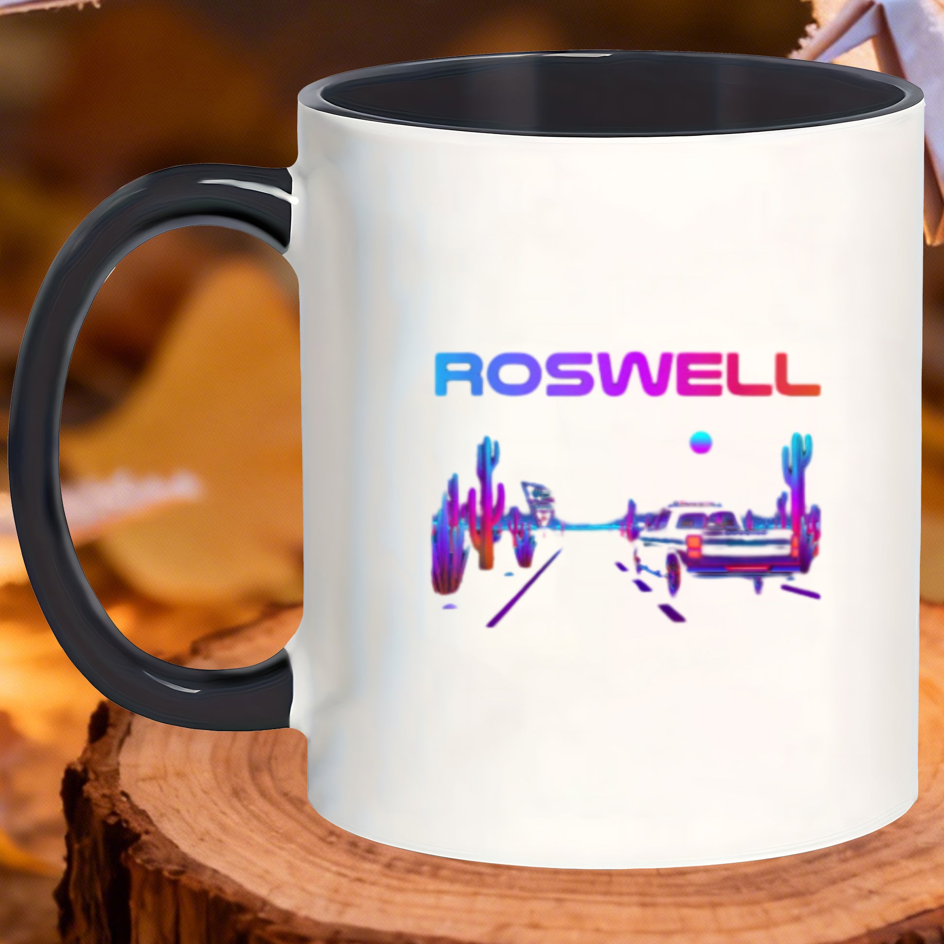 Tailorly Black Accent 11 oz Mug - ufo desert scene from new mexico meeting drinks break