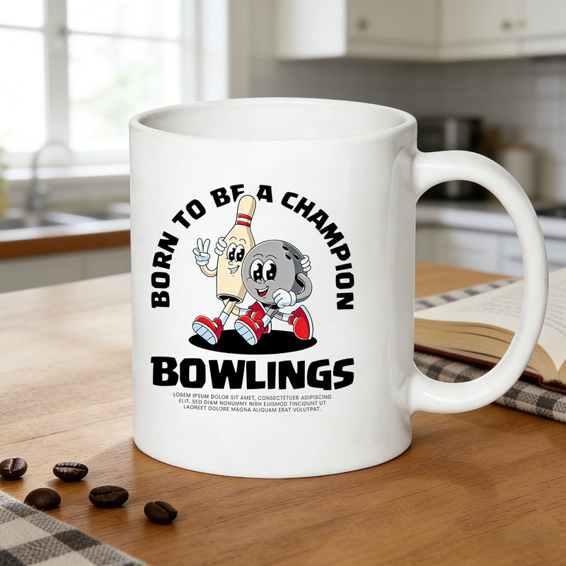 Tailorly White Ceramic 11 oz Mug - born to bowling pin ball vintage print
