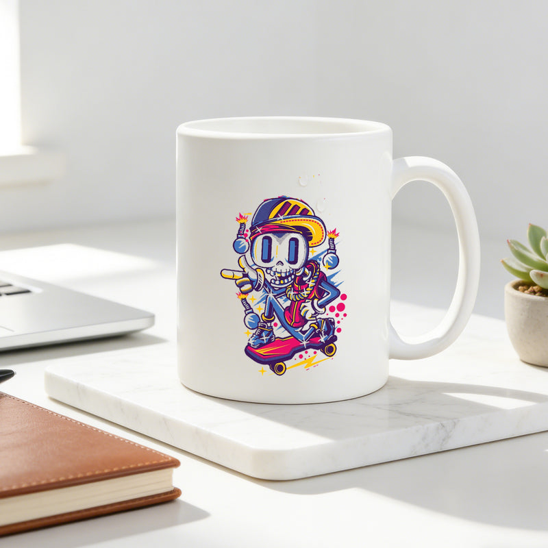 Tailorly White Ceramic 11 oz Mug - skateboarding skeleton street art print