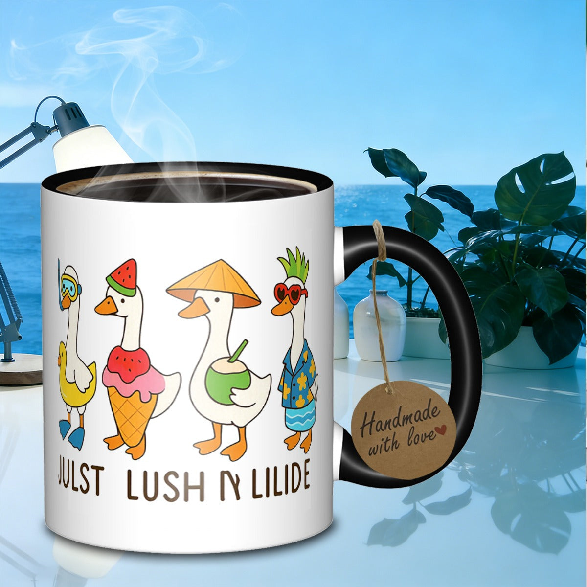 Tailorly Black Accent 11 oz Mug - a cartoon of vacationing geese