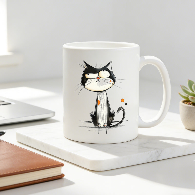 Tailorly White Ceramic 11 oz Mug - black and white cat with orange spots cartoon lazy kitten with funny attitude