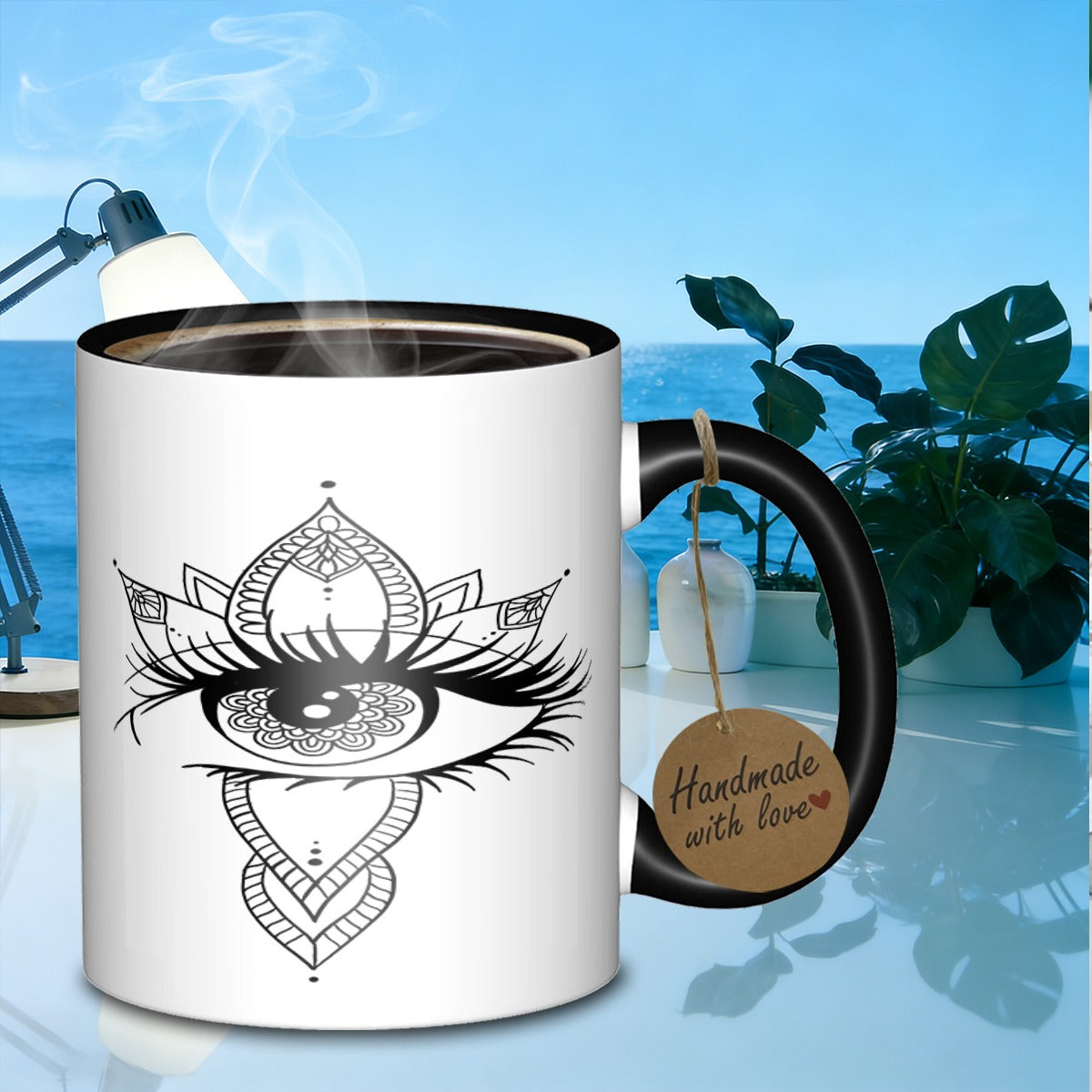 Tailorly Black Accent 11 oz Mug - eye with lotus flower galaxy pattern
