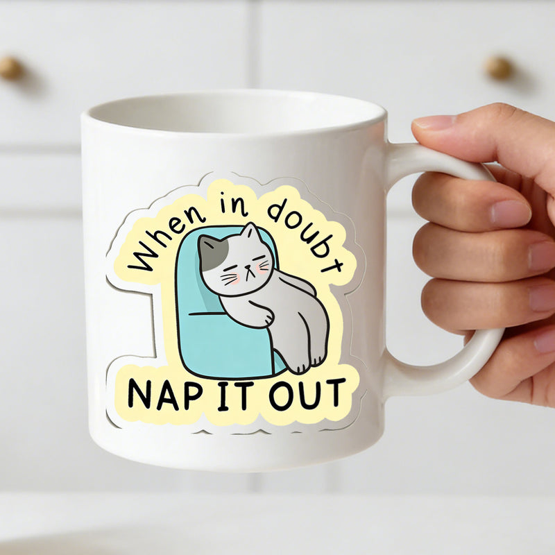 Tailorly White Ceramic 11 oz Mug - cat with "nap it out" text