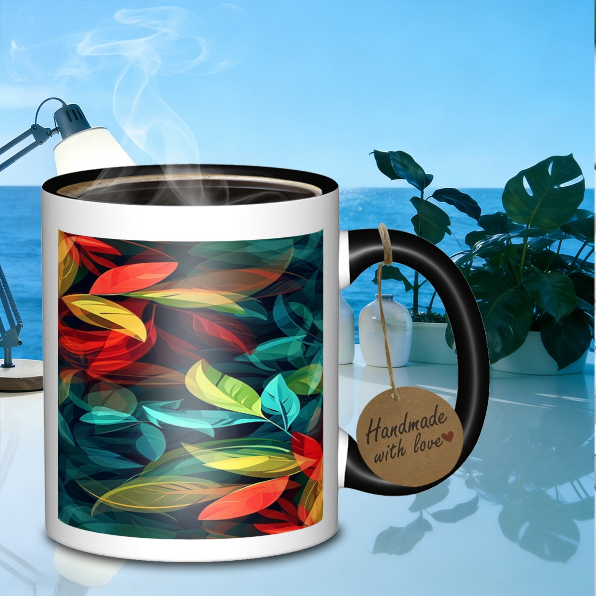 Tailorly Black Accent 11 oz Mug - colorful leaf pattern