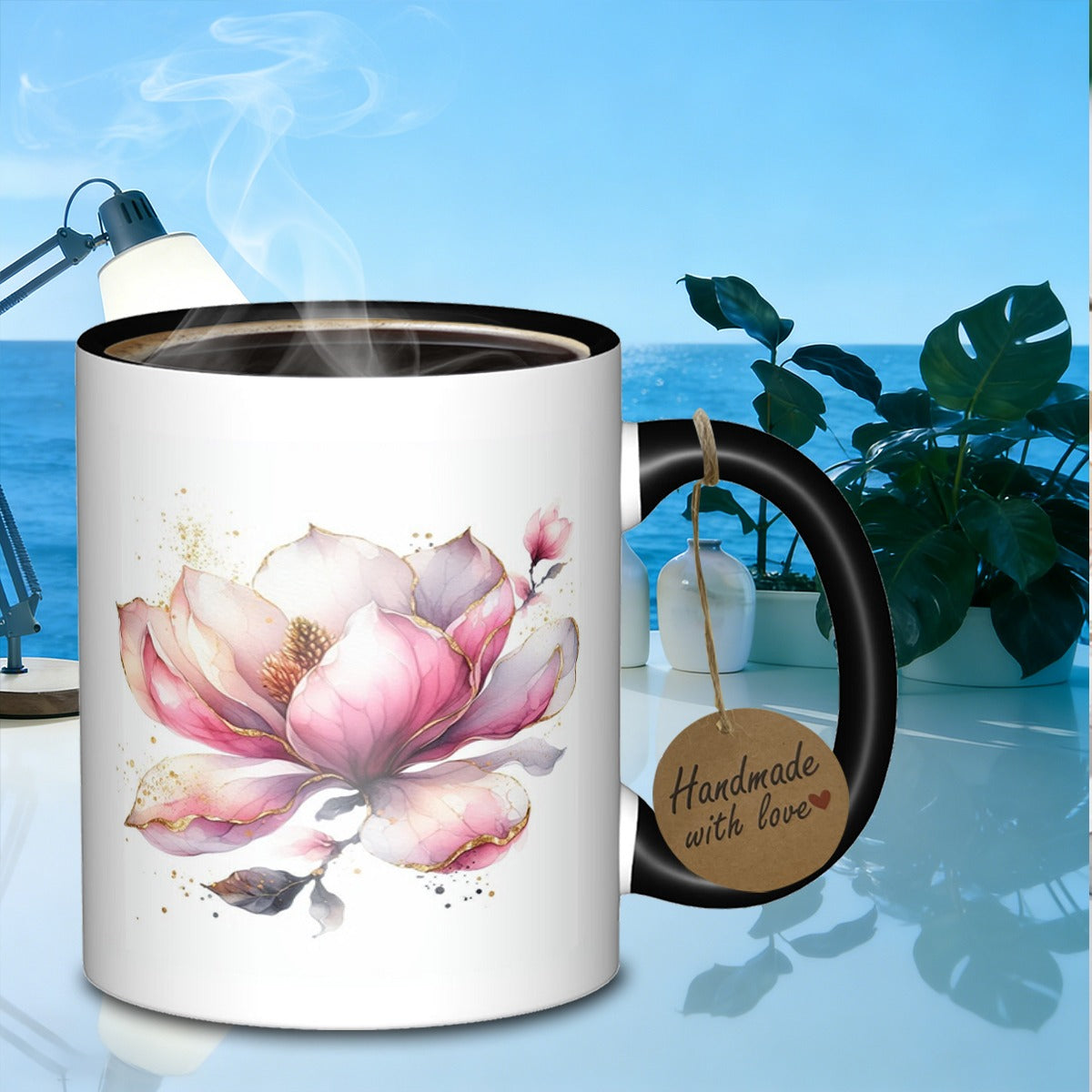 Tailorly Black Accent 11 oz Mug - pink watercolor design