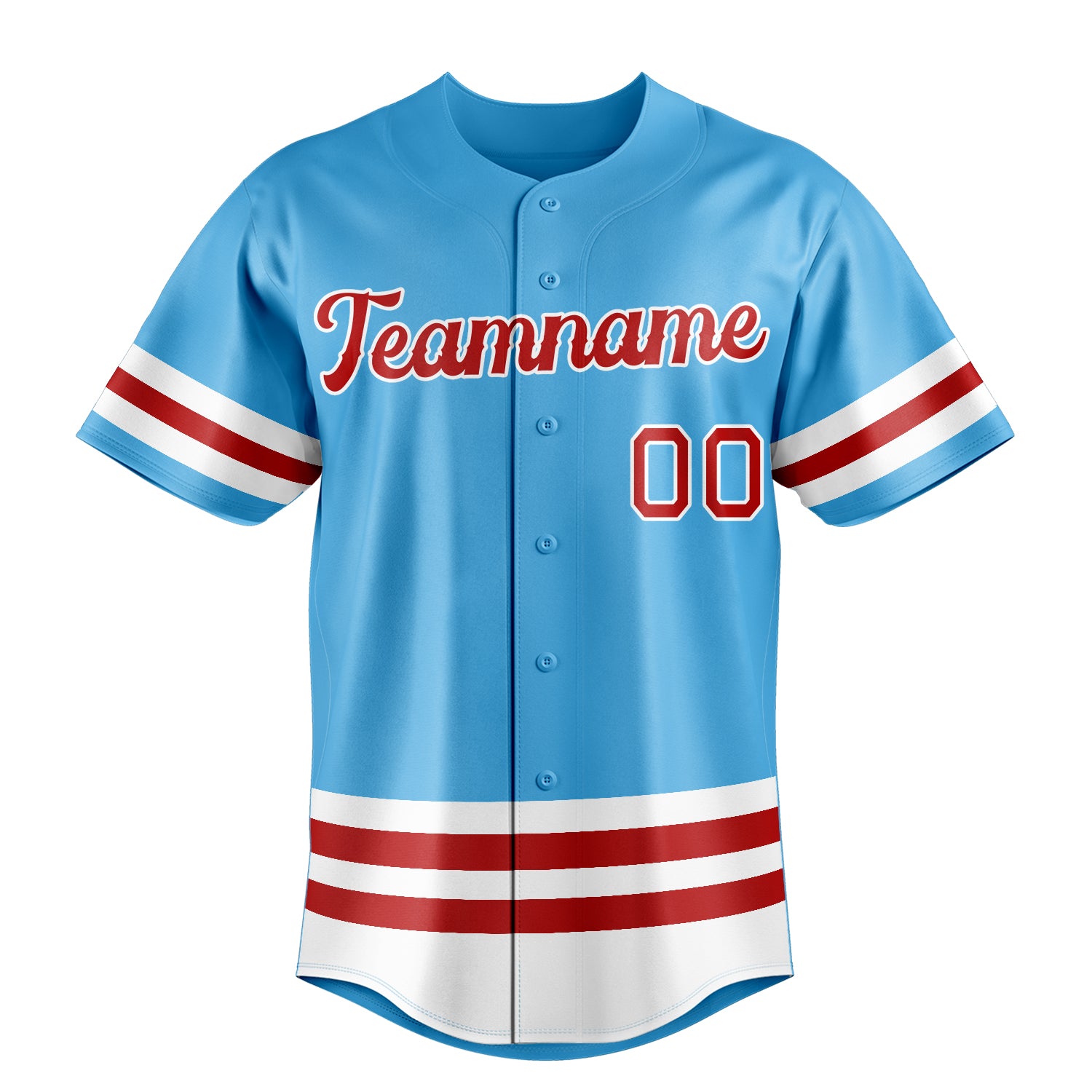 Custom Sky Blue & Red Double Stripe Fan Baseball Jersey