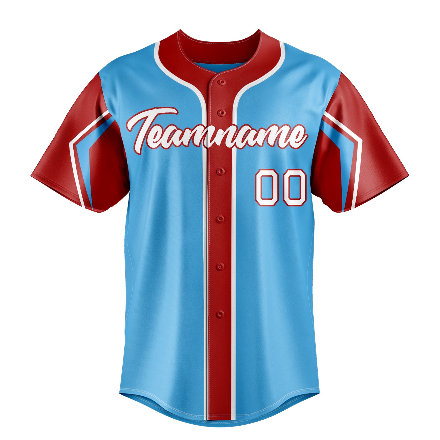 Custom Sky Blue & Red 3 Colors Arm Shapes Fan Baseball Jersey