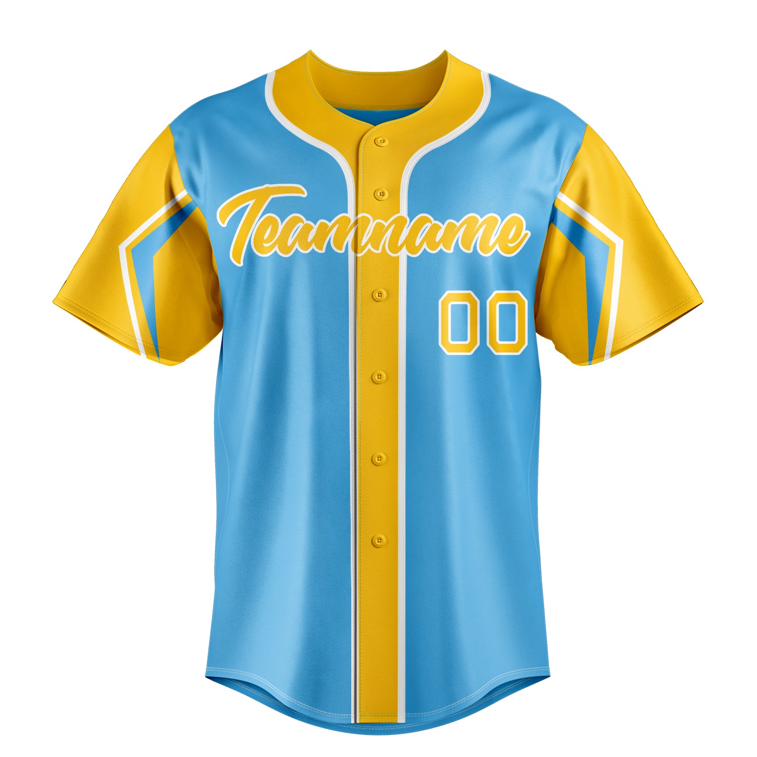 Custom Sky Blue & Yellow 3 Colors Arm Shapes Fan Baseball Jersey