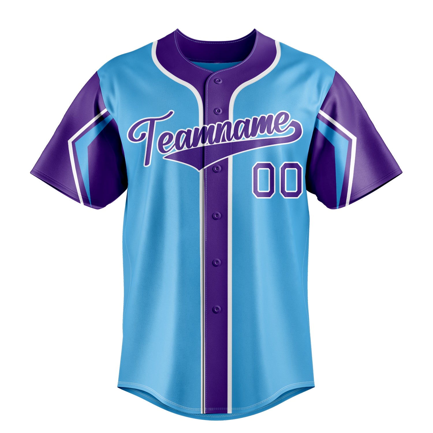 Custom Sky Blue & Purple 3 Colors Arm Shapes Fan Baseball Jersey