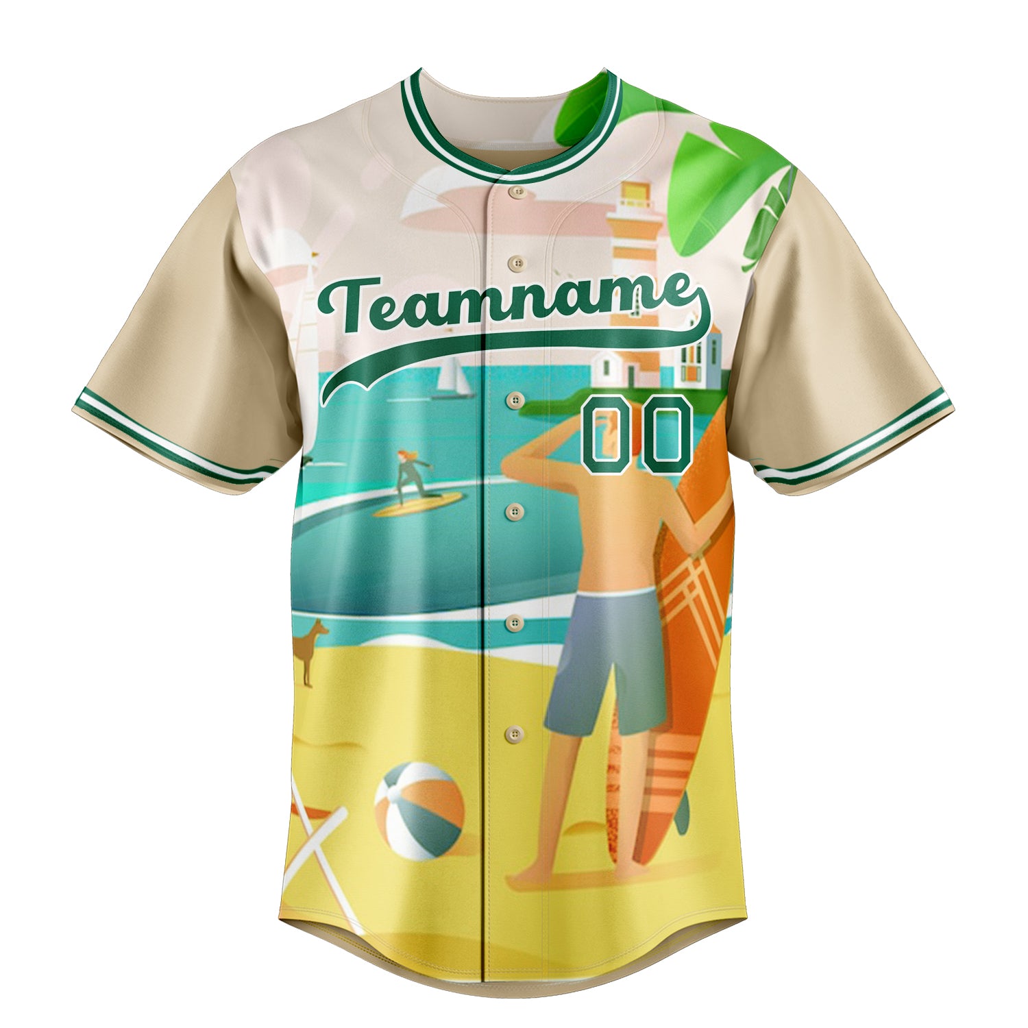 Custom Sand & Green 3D Pattern Tropical Beach Hawaii Palm Fan Baseball Jersey