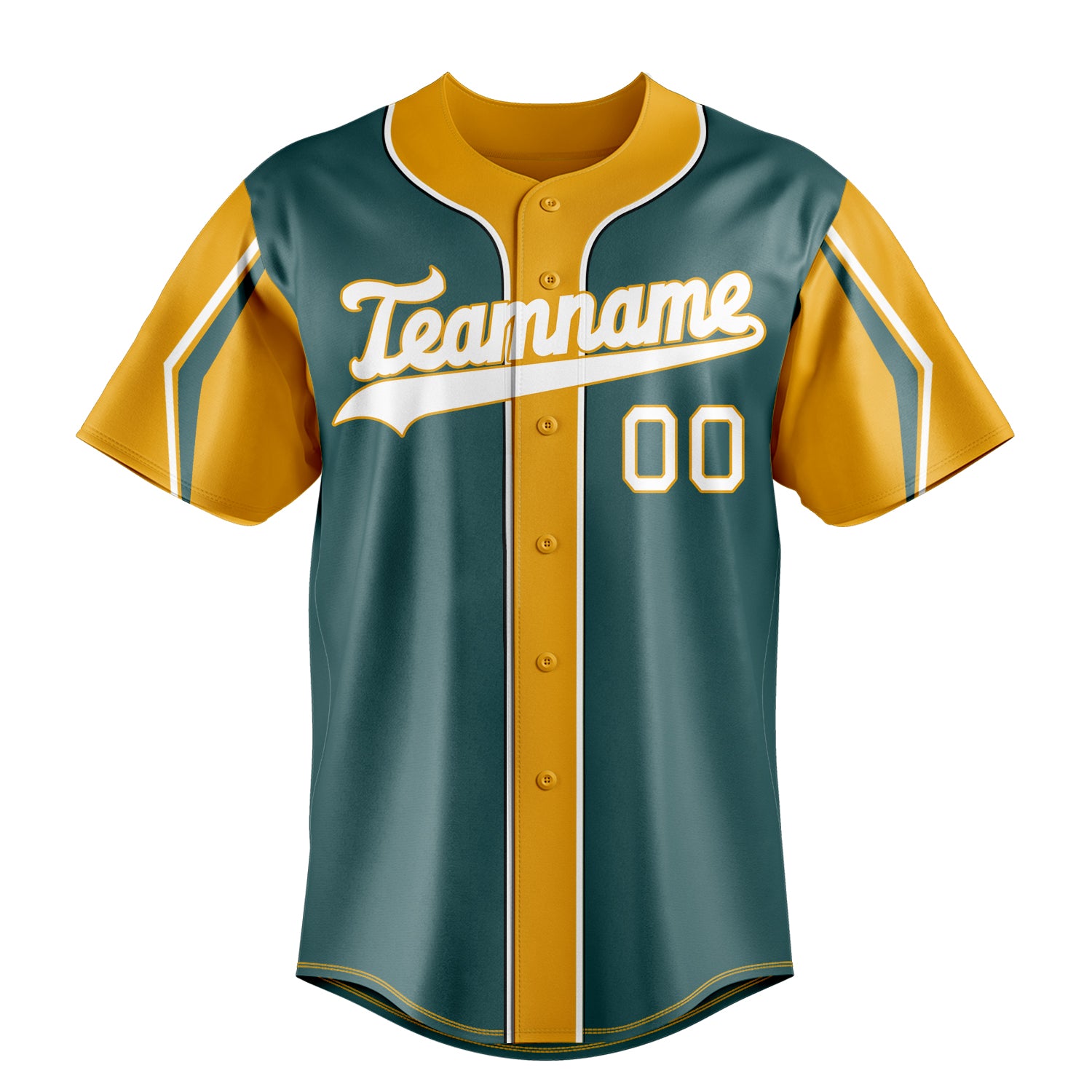 Custom Midnight Green & Yellow 3 Colors Arm Shapes Fan Baseball Jersey